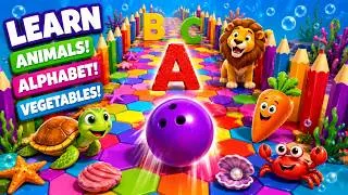 Thumbnail: 🎳🌈 Kinetic Sand Bowling Ball Smash Race Space Adventure! Learn Animals, ABC & Vegetables 🦁🥕