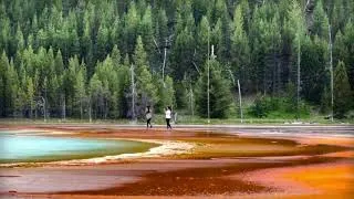 Thumbnail: Two visitors spotted walking on Grand Prismatic Spring at Yellowstone National Park.