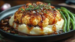 Thumbnail: Crispy Vegan Cauliflower Roast With Mashed Potatoes and Dark Onion Gravy