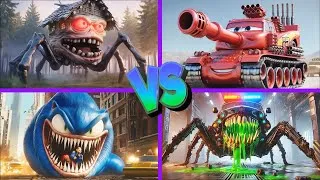 Thumbnail: Police Car Monster🆚McQueen Tank🆚House Head🆚Sonic Worm - Tiles Hop EDM Rush 🎶