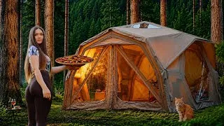 Thumbnail: ☔ GIANT LUXURY TENT Camping in HEAVY RAIN in WILD FOREST by the RIVER with my cat | Campfire & ASMR