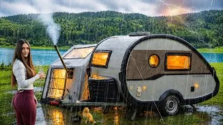 Thumbnail: COZY Wild RAIN Camping 🌧️ with My Tiny Caravan & Air Tent by the Lake