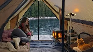 Thumbnail: Solo Camping by the Frozen Lake ❄️ Cozy Hot Tent, Fishing & Fire | ASMR 