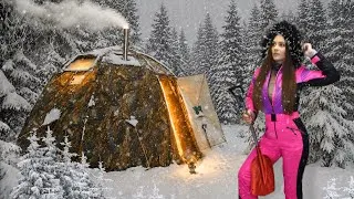 Thumbnail: Winter Camping in a Snow Storm with Hot tent & Wood stove Alone ❄️ ASMR