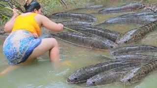 Thumbnail: Primitive Jungle Adventure:  Hunting Fish at river - Fried Fish for food Eating delicious 4k
