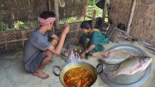Thumbnail: TILAPIA FISH Curry With BEANS Cooking And Eating By Village Mother and Son