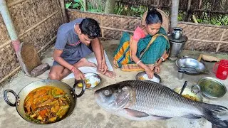Thumbnail: A Rainy Day Cooking Big Size KATLA FISH Curry With Vegetable Lunch By Village Mother and Son 
