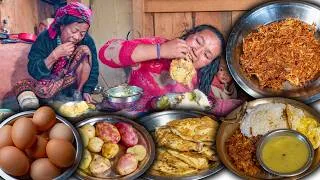 Thumbnail: Potato Fry & Egg Omelette with rice cooking & eating in village kitchen || village food vlog