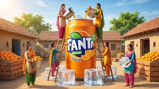 Thumbnail: 🍊🔥 Giant Fanta Challenge! 😱 5 Sisters Make a 50-Foot Giant Fanta | Biggest Village Drink Recipe
