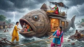 Thumbnail: ⛵ 3 Sisters Build a Giant Floating Fish House! Rescue the Entire Village & Cook Giant Fish Curry! 🐟