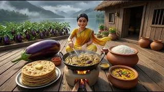 Thumbnail: Miniature Doll Cooking 🍆 Baingan Bharta & Aloo Paratha ASMR | Rainy Day Tiny Kitchen Story 🌧️