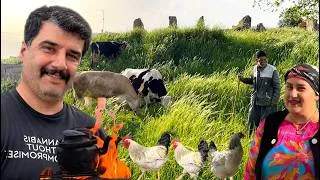 Thumbnail: 🔥 real village life in iran  Building a Garden Wall & Cooking Lamb Ribs on Fire