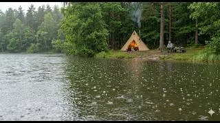Thumbnail: Wild rainy camping in a tent with dogs, wood stove, fishing
