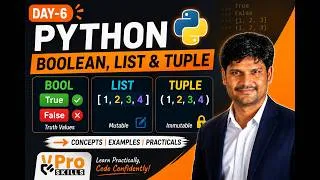 Thumbnail: Day-6 | Python Boolean, List & Tuple Explained | Python Basics | VPro Skills