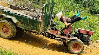 Thumbnail: Agricultural vehicle transporting wood; girl harvesting wood alone in the countryside.
