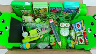 Thumbnail: BOX FULL OF GREEN STATIONERY - Writing Board, Button Pencil Box, Eraser, Mechanical Sharpener, Toys