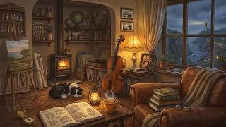 Thumbnail: vintage oldies playing in another room on a cozy rainy night at the cabin (crackling fireplace)
