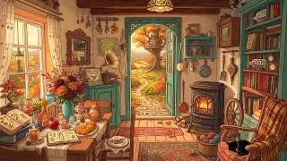 Thumbnail: a peaceful morning at a cozy cabin with 1950s vintage jazz oldies playing in another room