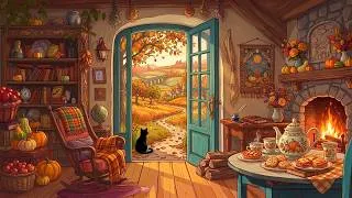 Thumbnail: cozy autumn cabin morning in the 1950s with oldies playing in another room (fireplace sounds)