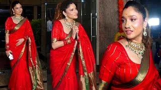 Thumbnail: Ankita Lokhande Looking Absolute Marathi Mulghi In Red Saree With Nath @ Her Ganpati Celebration