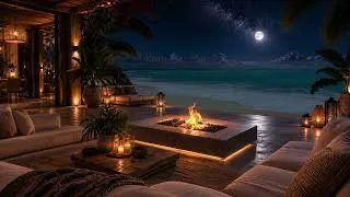 Thumbnail: Blue Horizon Ocean Terrace at Night | Warm Fireplace Glow & Soothing Waves