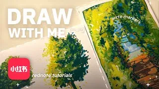 Thumbnail: ASMR Drawing tree & bushes using acrylic markers 🌱 w/ Arrtx ♡