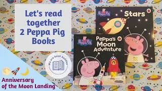Thumbnail: Let's read together 2 Peppa Pig books. Peppa’s Moon Adventure and Stars. Unbox 2 mystery toys.