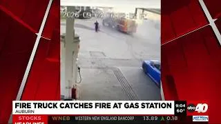 Thumbnail: Fire truck catches fire at Auburn, Mass. gas station