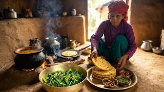 Thumbnail: Authentic Nepali Village Cooking || Green Leafy Curry & Corn Roti On Open Fire ||