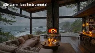 Thumbnail: Peaceful Coastal on Rainy Day 🌧️ Warm Jazz Instrumental in Calm Cabin Ambience for Relaxation