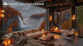 Thumbnail: Smooth Jazz Instrumental with Crackling Fireplace 🌧️ Fall Cabin Ambience on Rainy Day to Unwind