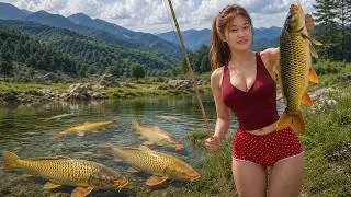 Thumbnail: Beautiful Girl Caught Some Big Fish in the Stream. Great Fishing Trip