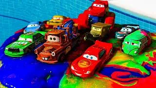 Thumbnail: Disney Pixar Cars falling into deep pool, Lightning McQueen, Tow Mater, Mack, Sally, Francesco