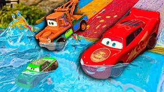 Thumbnail: Disney Pixar Cars falling into deep pool, Lightning McQueen, Tow Mater, Mack, Sally, Francesco