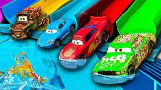 Thumbnail: Disney Pixar Cars falling into deep pool, Lightning McQueen, Tow Mater, Mack, Sally, Francesco