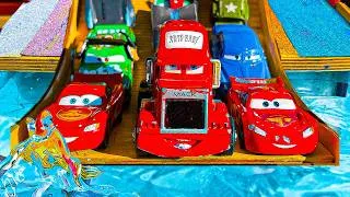 Thumbnail: Disney Pixar Cars falling into deep pool, Lightning McQueen, Tow Mater, Mack, Sally, Francesco