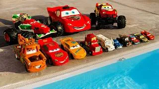 Thumbnail: Disney Pixar Cars falling into deep pool, Lightning McQueen, Tow Mater, Mack, Sally, Francesco