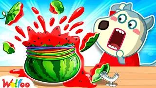 Thumbnail: Wolfoo Builds a DIY Watermelon Juice Machine with Rubber Bands! | Wolfoo Channel | Kids Cartoon