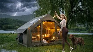 Thumbnail: 🌧️SOLO Camping in the Rain with My Rescue Dog Bruno|Extreme HEAVY RAIN CAMPING|ASMR No Talking