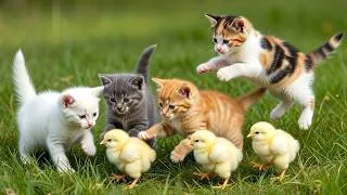 Thumbnail: Happy kittens playing with chicks on the grass - Cat sounds - Cat video