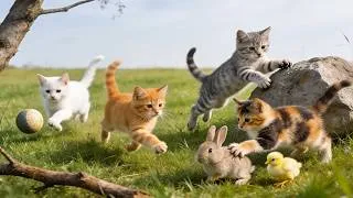 Thumbnail: Cute kittens playing with chickens and rabbits on the grass - Cat sounds - Cat videos
