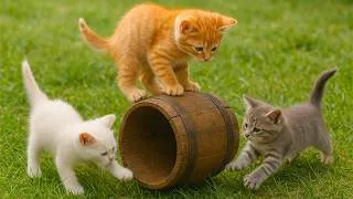 Thumbnail: Three adorable kittens playing with a wooden barrel on the grass - Cat sounds - Cat video