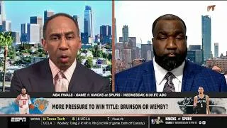 Thumbnail: FIRST TAKE | Who’s under MORE pressure to win a title: Wemby or Brunson? - Stephen A. & Perk DEBATE