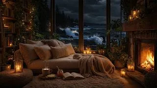 Thumbnail: A Calm Ocean Hideaway… 🌊🔥 | Fireplace & Rolling Waves Ambience for Deep Sleep