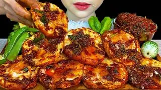 Thumbnail: MUKBANG EATING||SPICY FRIED CHICKEN EGG TOMATO CURRY, GREEN CHILLI & STIR FRIED BEAN SPROUTS