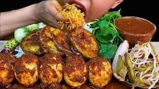 Thumbnail: MUKBANG EATING||SPICY BOILED CHICKEN EGG CURRY, FRIEND EGGPLANT, SPICY FISH PASTE & WHITE RICE