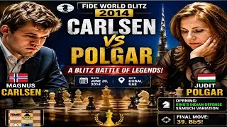 Thumbnail: Magnus Carlsen vs Judit Polgar: Carlsen’s Brutal Blitz Attack! 🔥 | FIDE World Blitz 2014