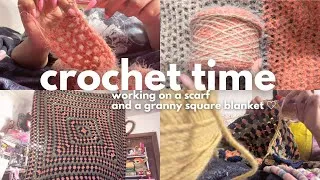 Thumbnail: crochet with me 🫐 making a granny square blanket, a scarf and movie chat!