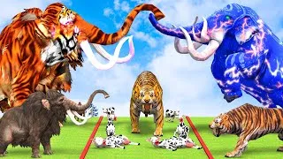 Thumbnail: 10 Mammoth Elephant Cow vs 5 Giant Tiger vs Tiger Elephant Attack Cow Baby saved by Woolly Mammoth