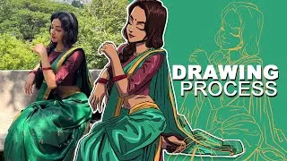 Thumbnail: 🎨 Drawing Process | From Real Photo to Digital Art - Indian Traditional Saree Illustration #28